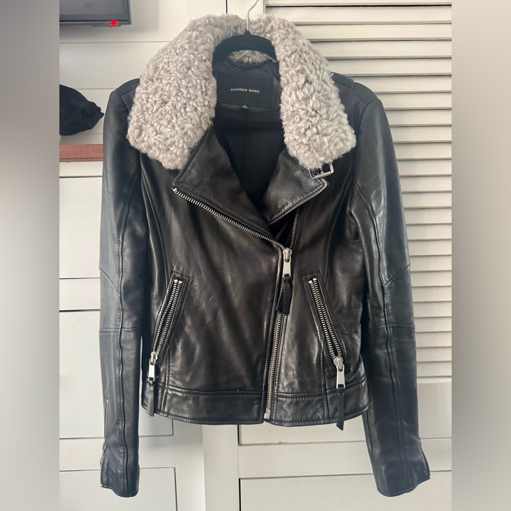 Andrew Marc Genuine Leather Moto Jacket With Faux Sherpa Collar - Size Small